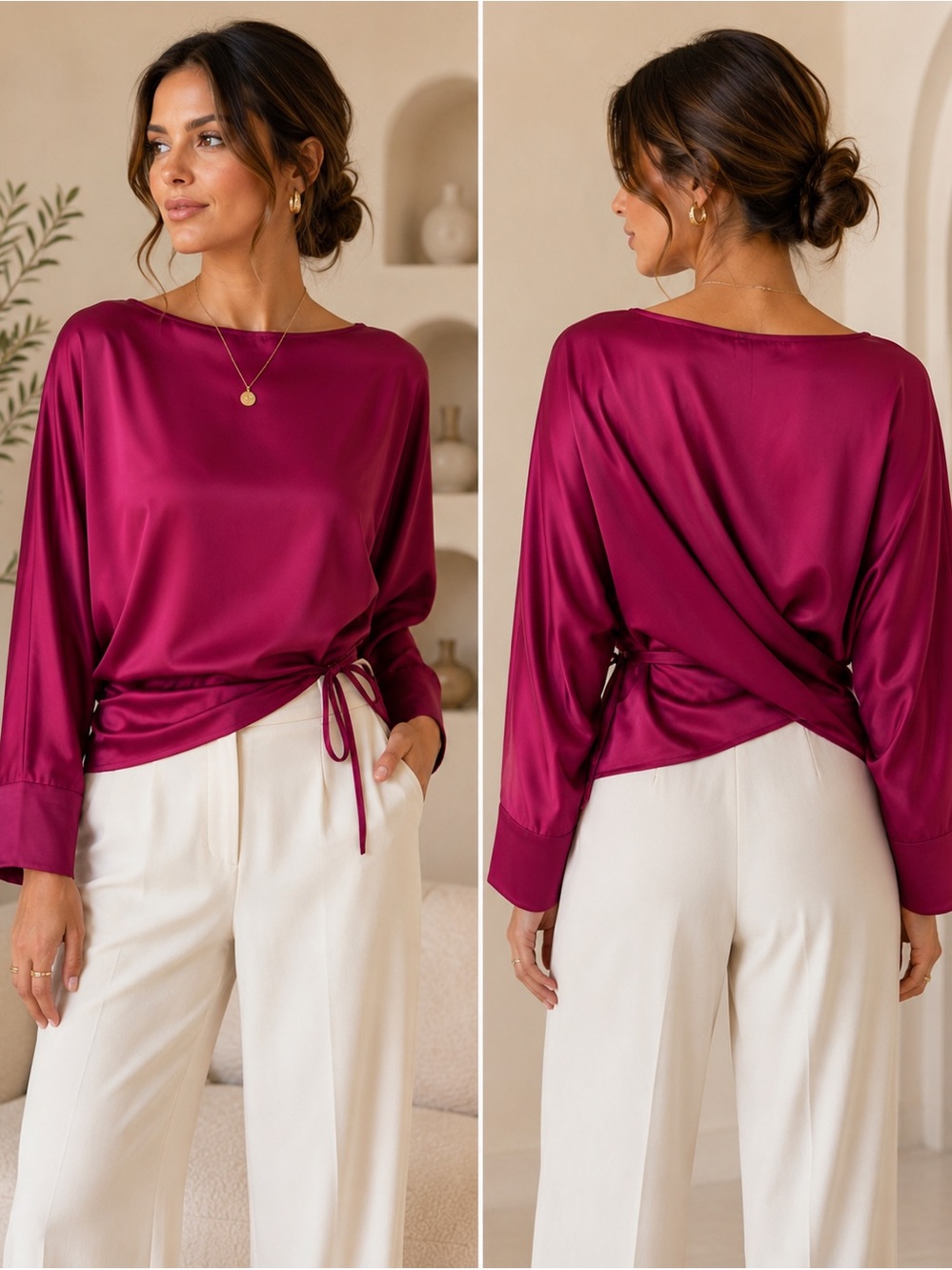 Chicwish Heavy Satin Wrap Tie Blouse Magenta Fuchsia